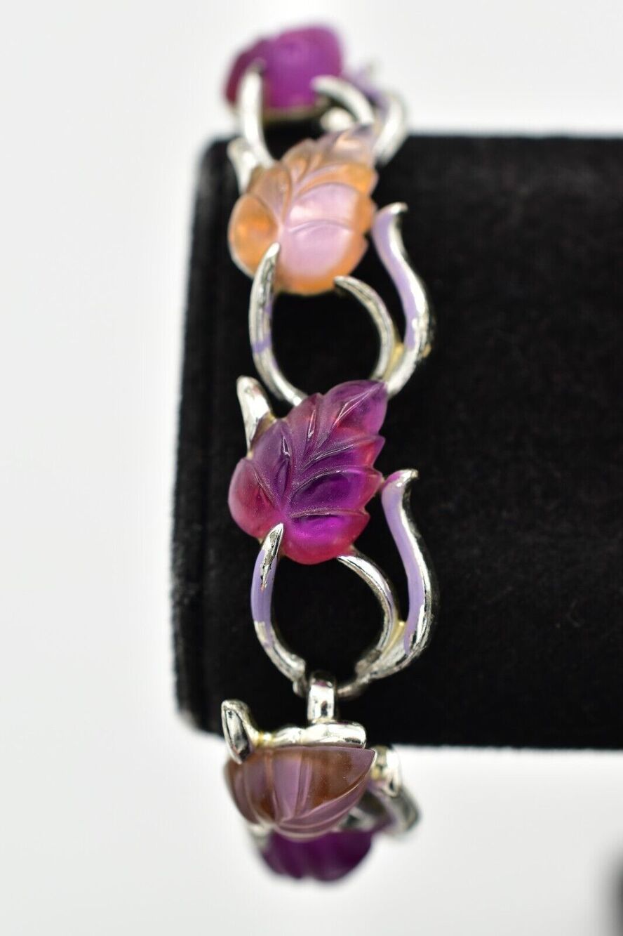 Star Vintage Choker Bracelet Purple Lucite Leaf Silver Chunky Signed 1940s BinAW